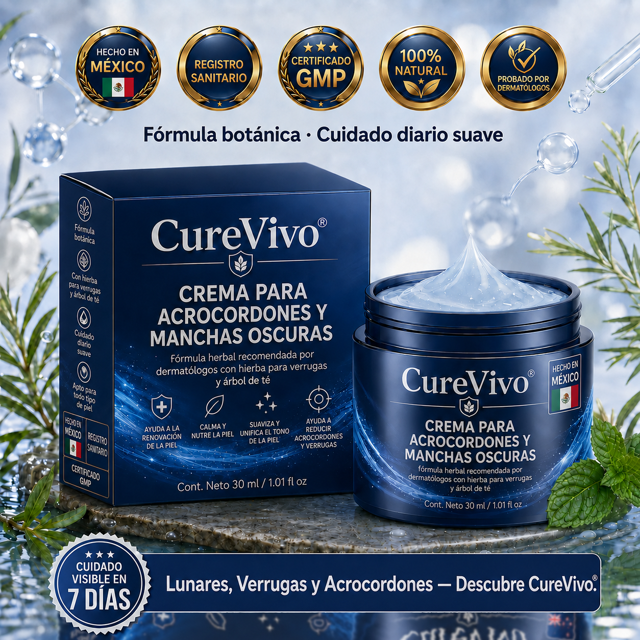 🥑1️⃣ CureVivo® Crema de 7 Días para Acrocordones y Manchas (Fórmula sin dolor · Sin cicatrices)